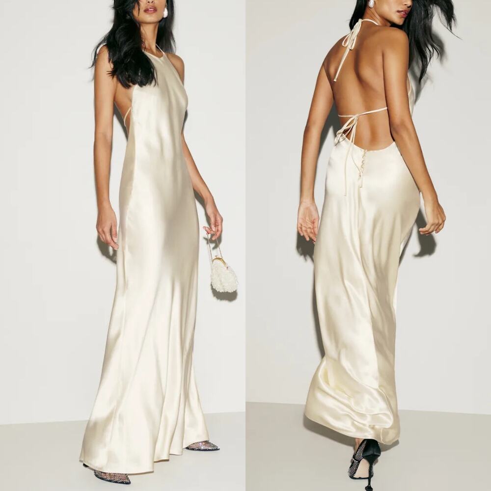 Reformation Ivory Satin Halter Backless Maxi Dress